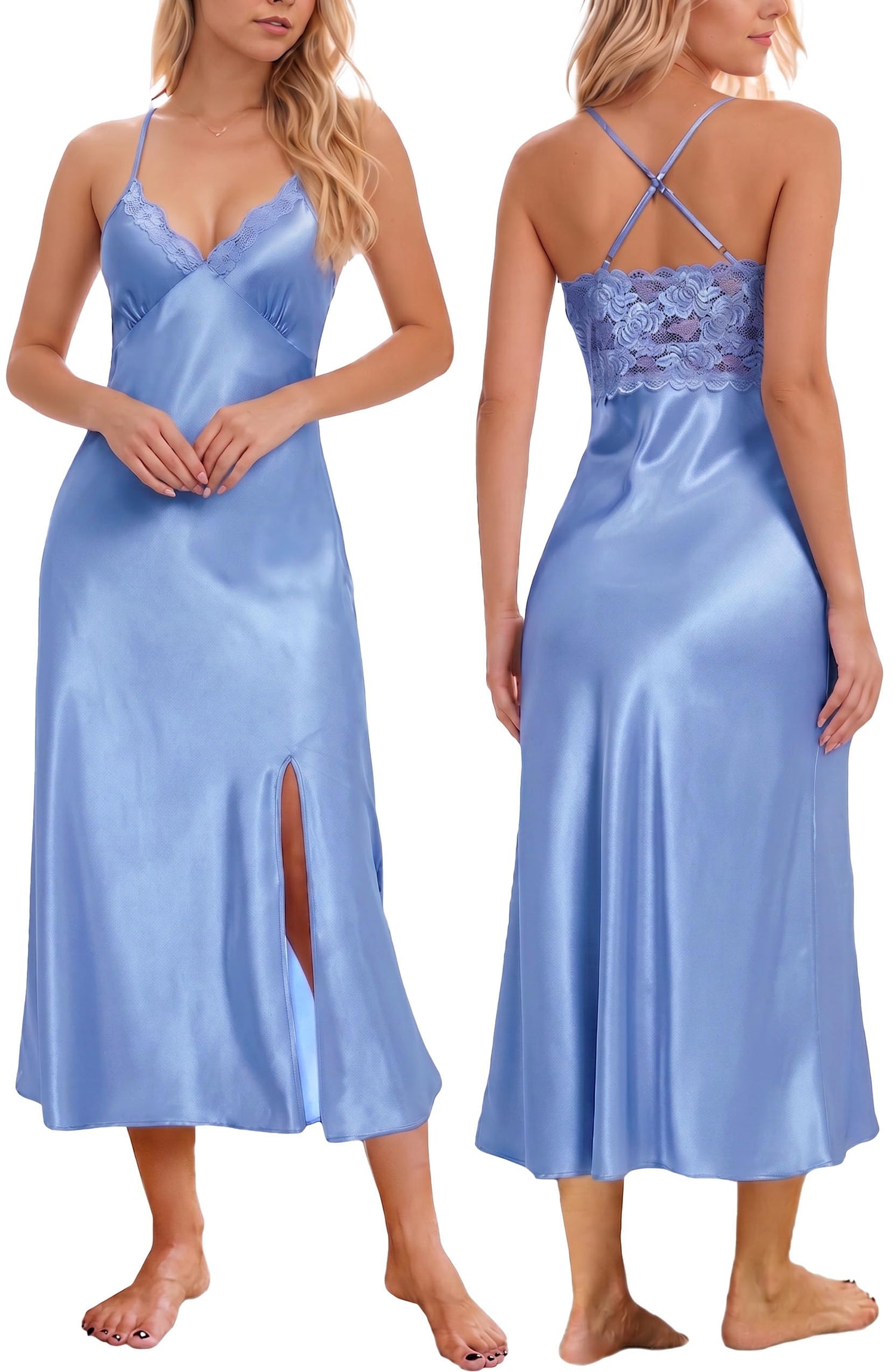 Mist Azur Nightgowns Women Silk Satin Lace Chemise Lingerie Long Sleepdress