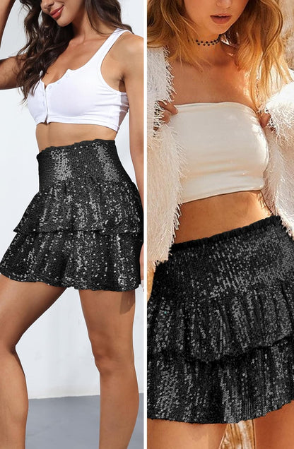 Women Sequin Skirt Sparkly Ruffle High Waist Shiny Glitter Flowy Skirt Layered Pleated Short Skirts for Party Club