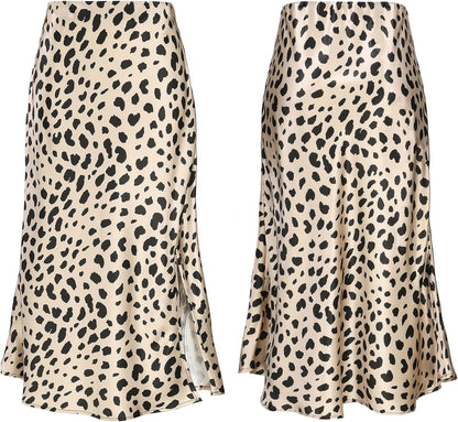 Women Satin Side Split Skirt High Waist Elastic Elegant A Line Midi Skirts for Women