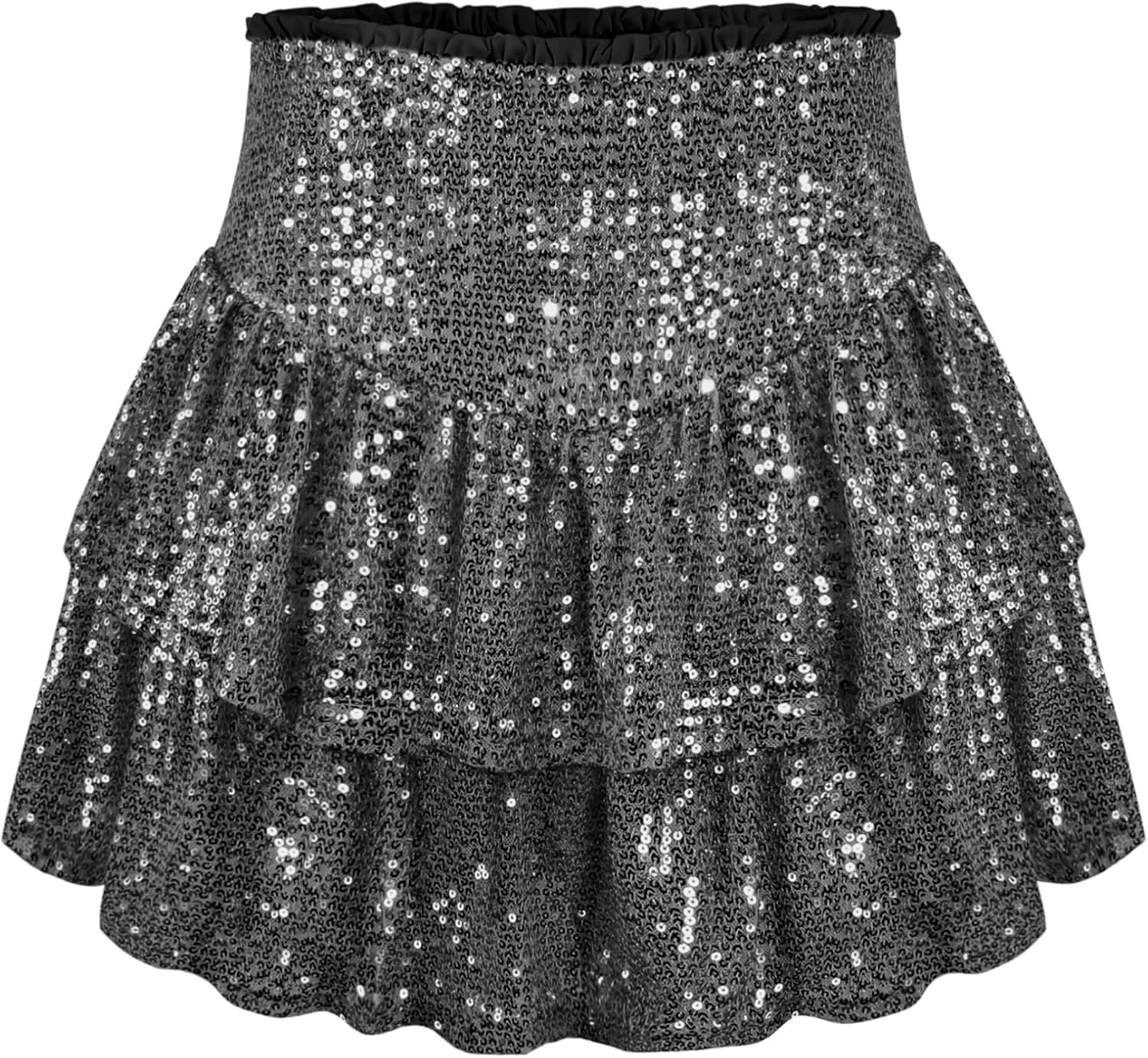 Women Sequin Skirt Sparkly Ruffle High Waist Shiny Glitter Flowy Skirt Layered Pleated Short Skirts for Party Club
