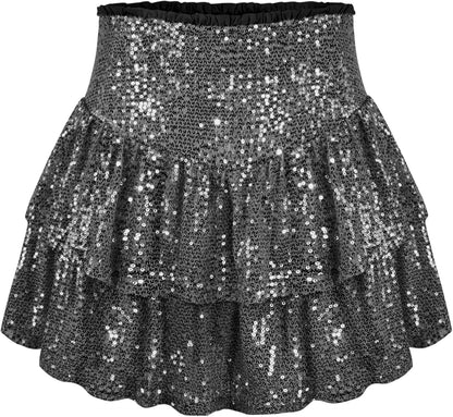 Women Sequin Skirt Sparkly Ruffle High Waist Shiny Glitter Flowy Skirt Layered Pleated Short Skirts for Party Club