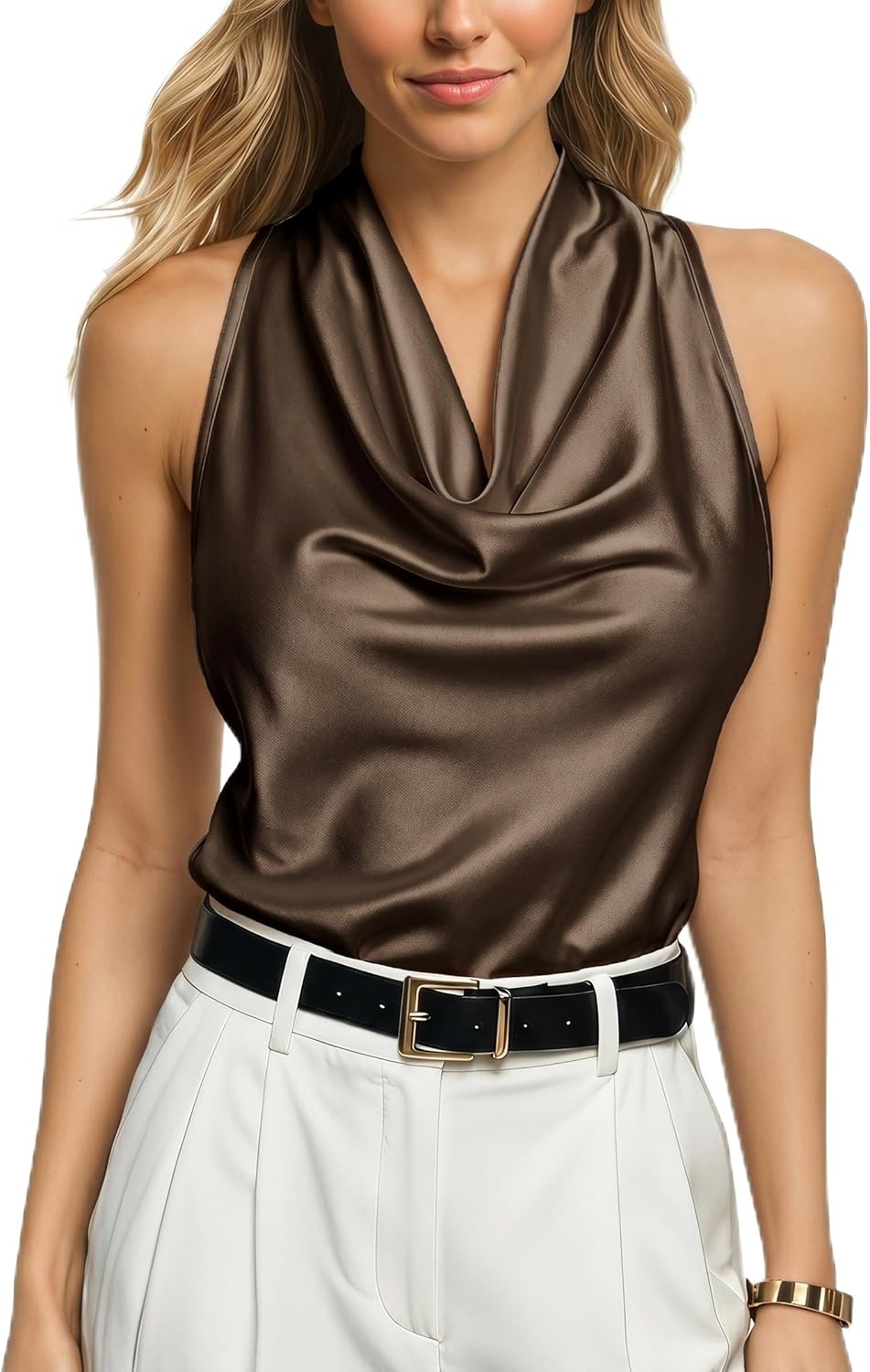 Mist Azur Woven shirts Silky Satin Camisole Halter Wrap Tie Back Blouse Tank Top