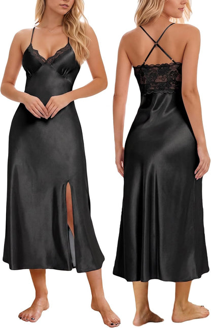 Mist Azur Nightgowns Women Silk Satin Lace Chemise Lingerie Long Sleepdress