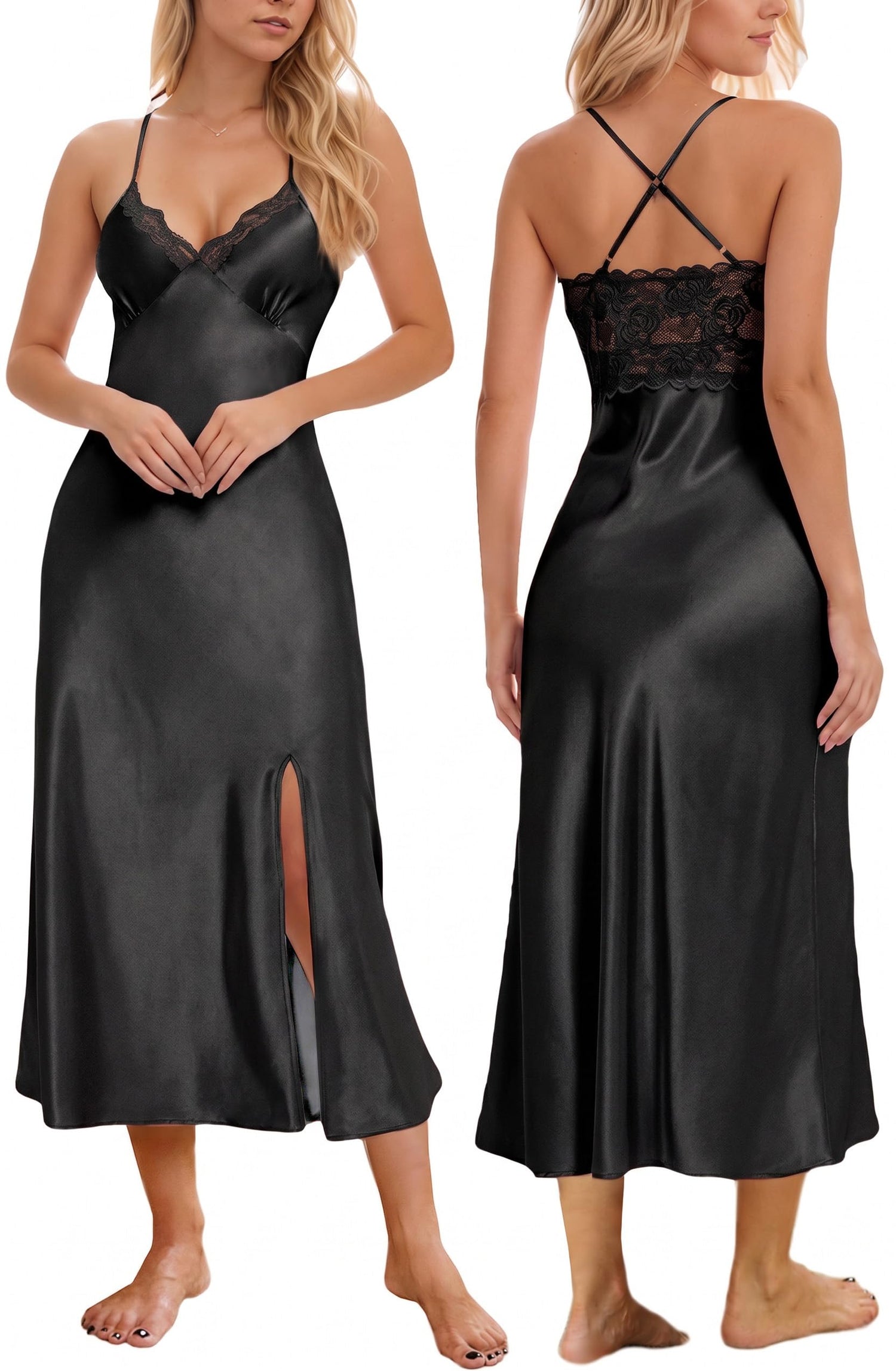 Mist Azur Nightgowns Women Silk Satin Lace Chemise Lingerie Long Sleepdress