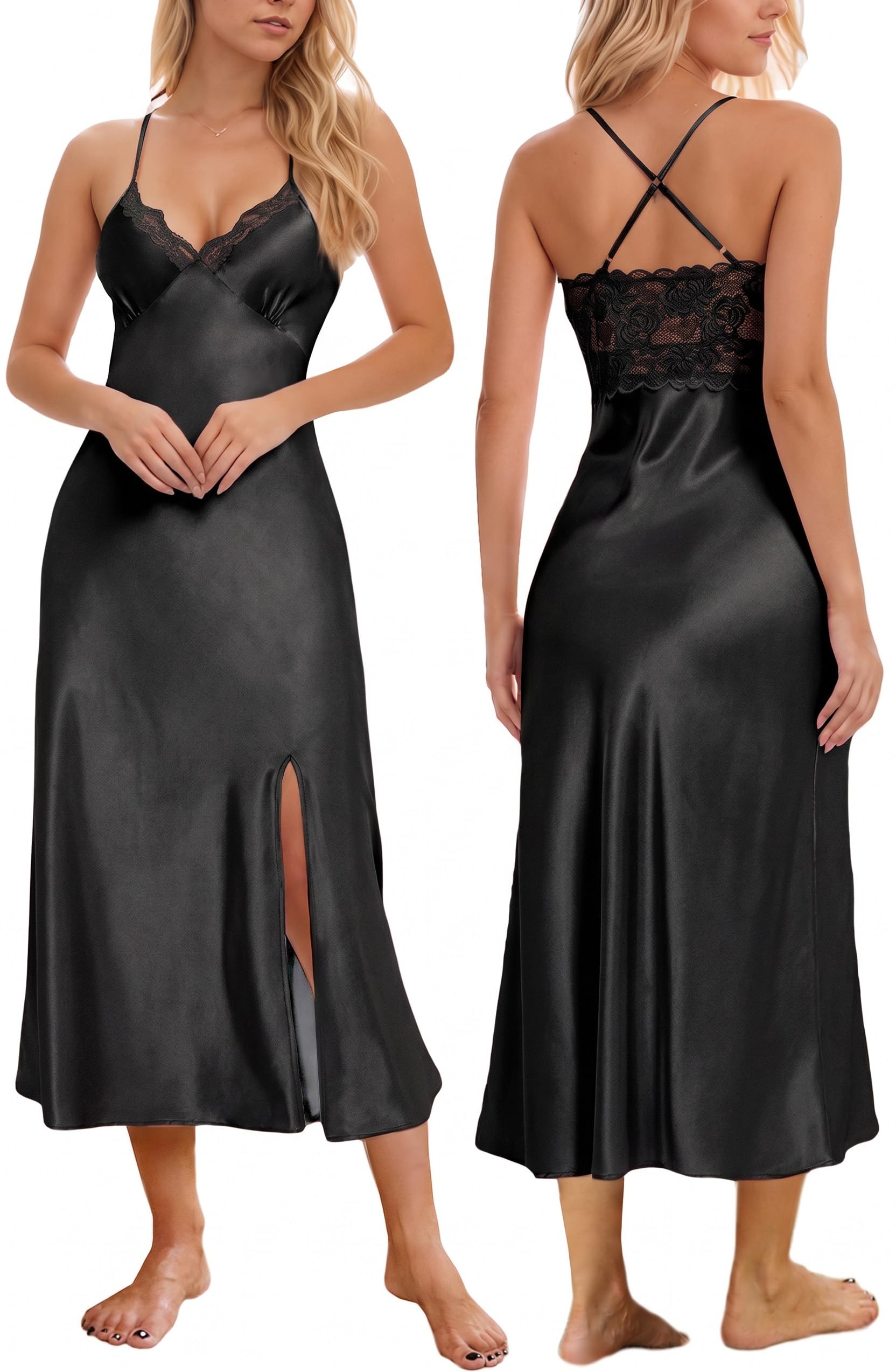 Mist Azur Nightgowns Women Silk Satin Lace Chemise Lingerie Long Sleepdress