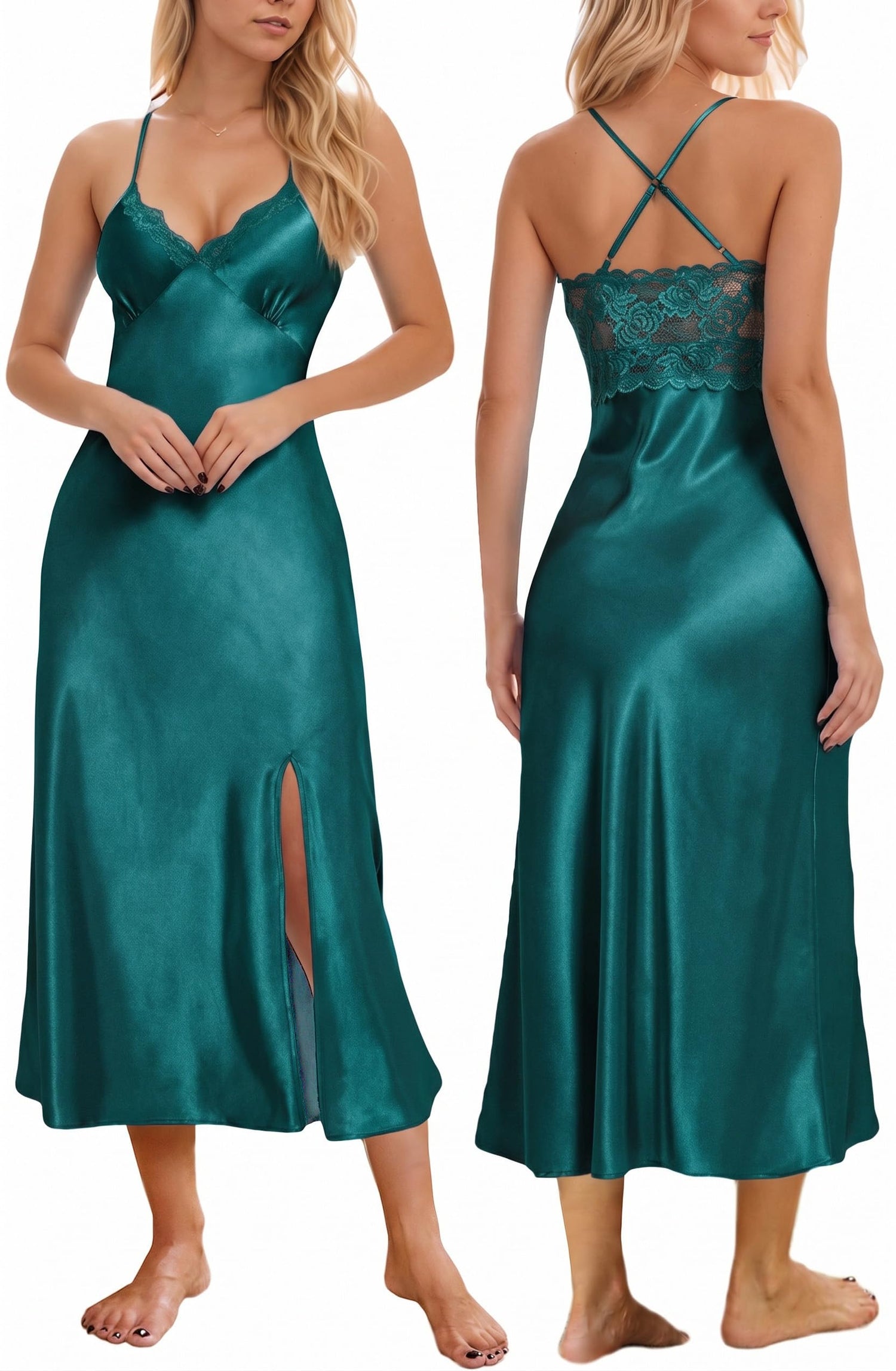 Mist Azur Nightgowns Women Silk Satin Lace Chemise Lingerie Long Sleepdress