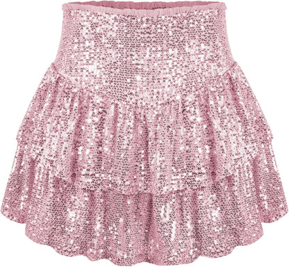 Women Sequin Skirt Sparkly Ruffle High Waist Shiny Glitter Flowy Skirt Layered Pleated Short Skirts for Party Club