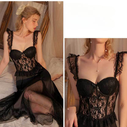 Women Lingerie Deep V Neck Nightwear One Piece Sexy Nightgowns Mosaic Lace Mesh Dress