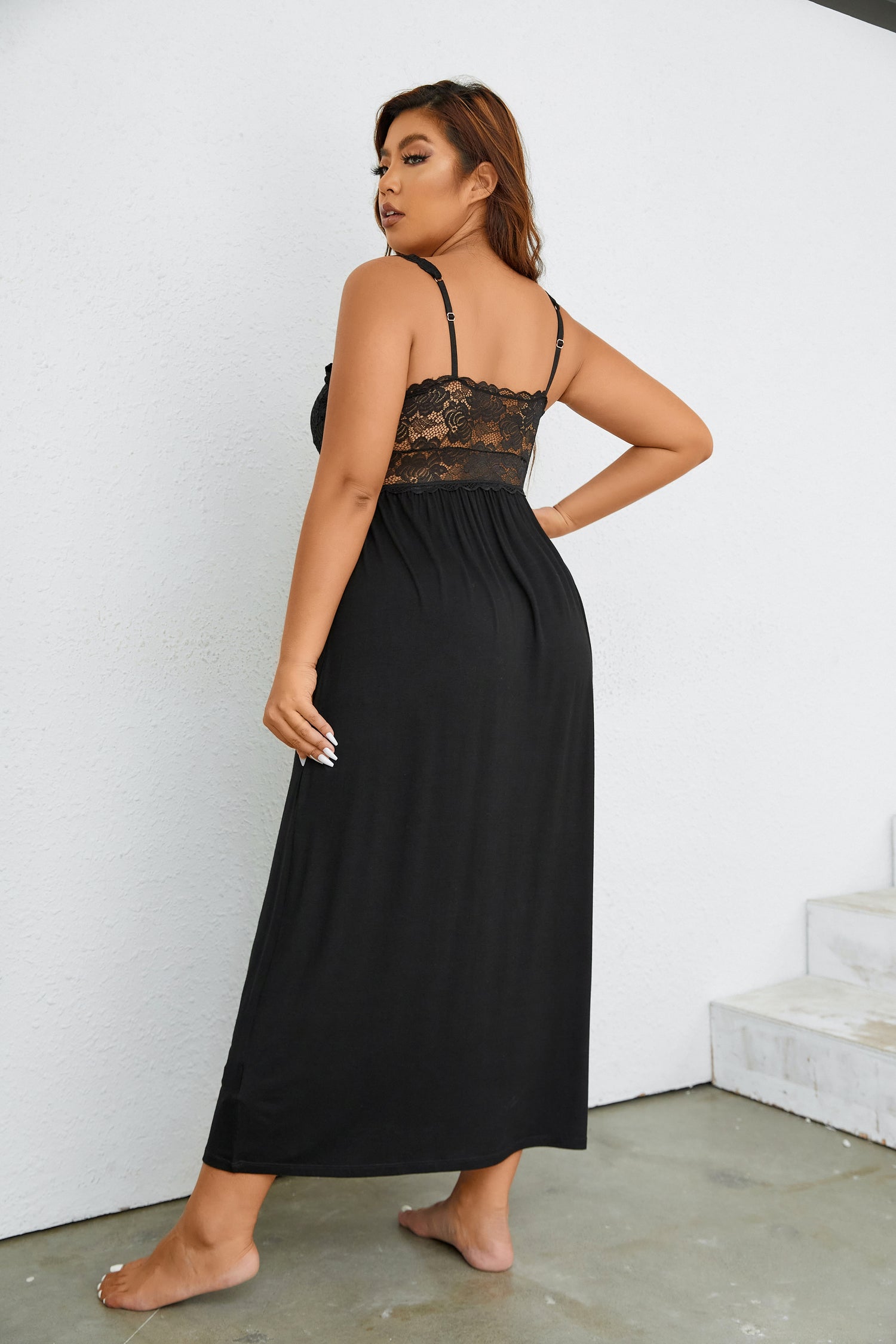 Sexy Lace Jersey Elegant Long Nightgown Chemises Black