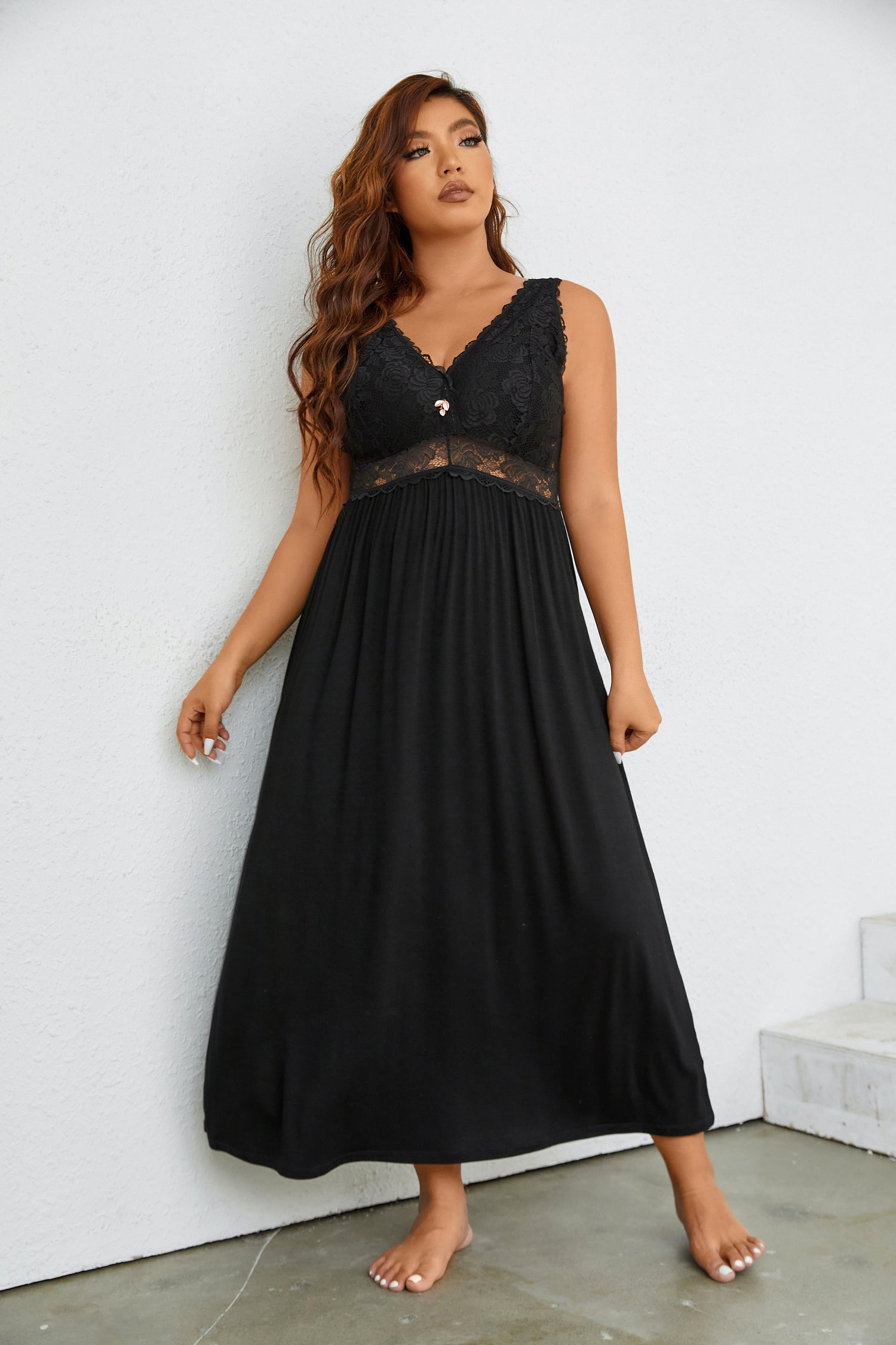 Sexy Lace Jersey Elegant Long Nightgown Chemises Black