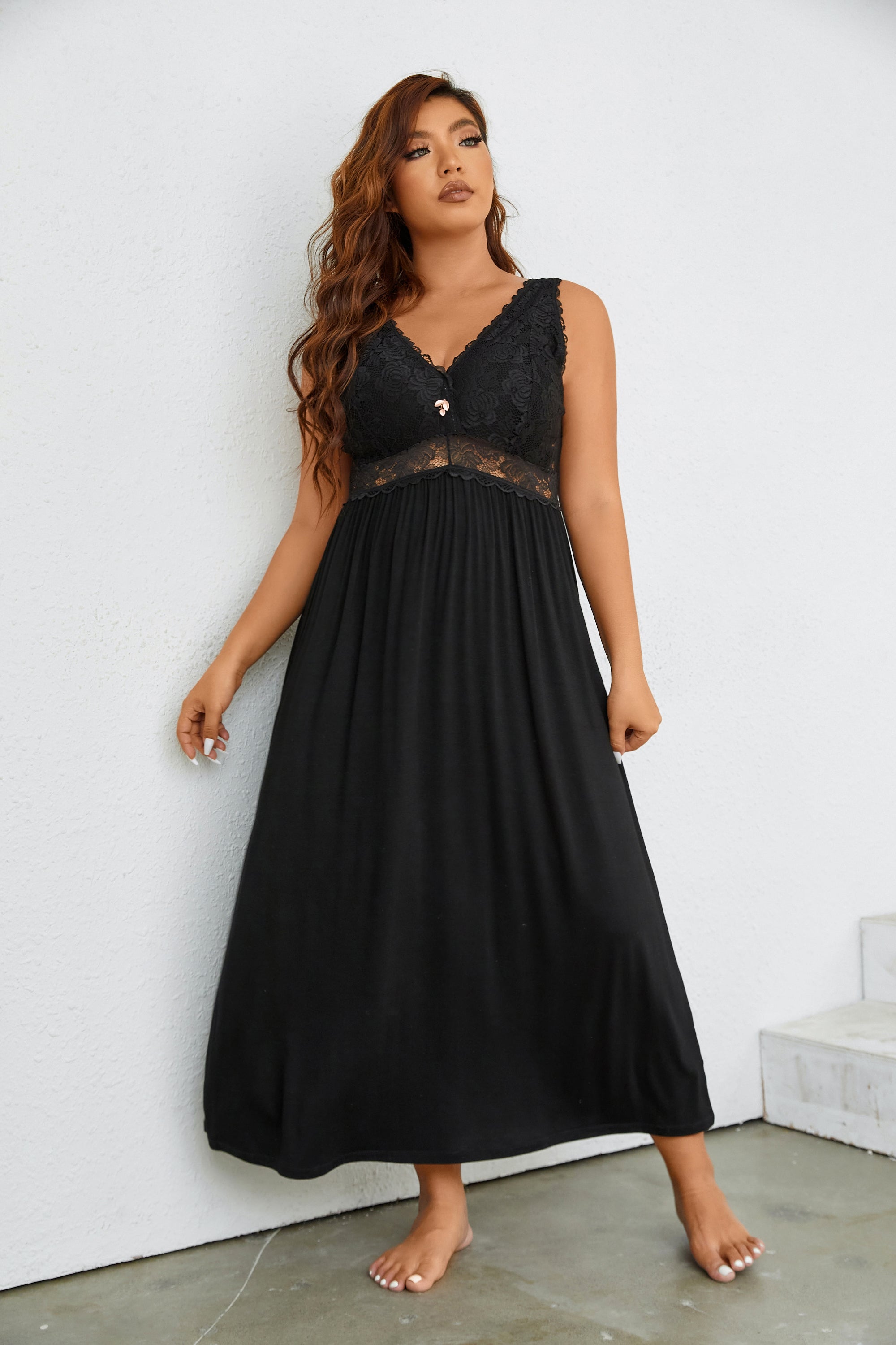 Sexy Lace Jersey Elegant Long Nightgown Chemises Black
