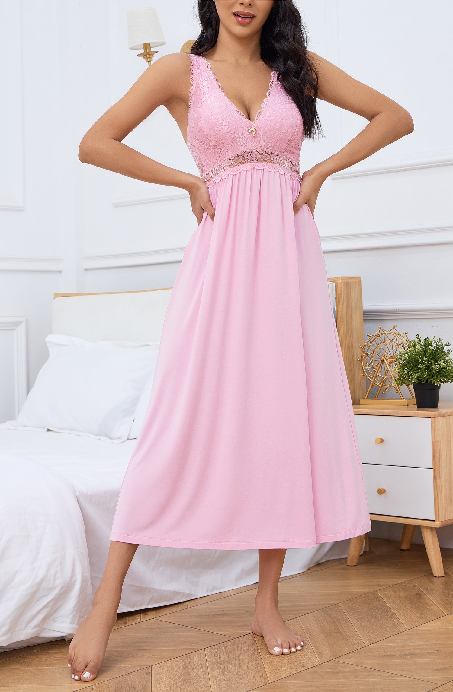 Sexy Lace Jersey Elegant Long Nightgown Chemises-PINK