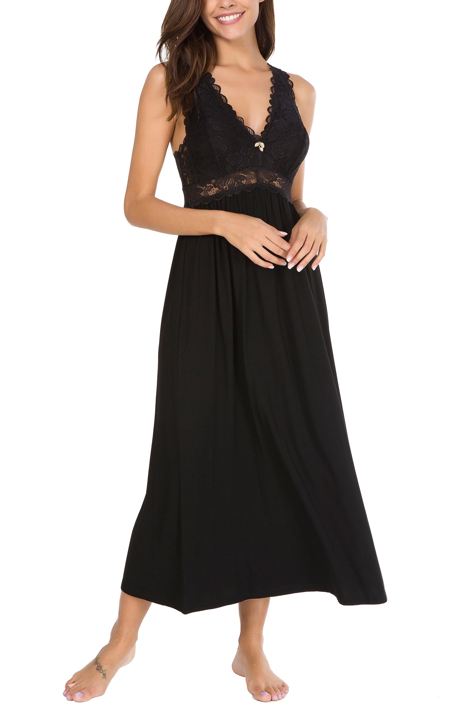 Sexy Lace Jersey Elegant Long Nightgown Chemises Black