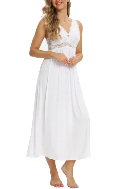 Sexy Lace Jersey Elegant Long Nightgown Chemises White
