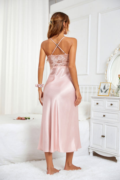 Sexy V-neck Nightgown Lace Lingerie Chemises Sleeveless Sleep Dress For Women Elegant Pink
