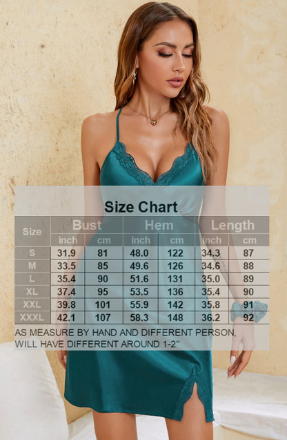 Sexy Lace Silky Short Slip Satin Nightgown V-neck Lingerie Chemise Sleepwear Blackish Green