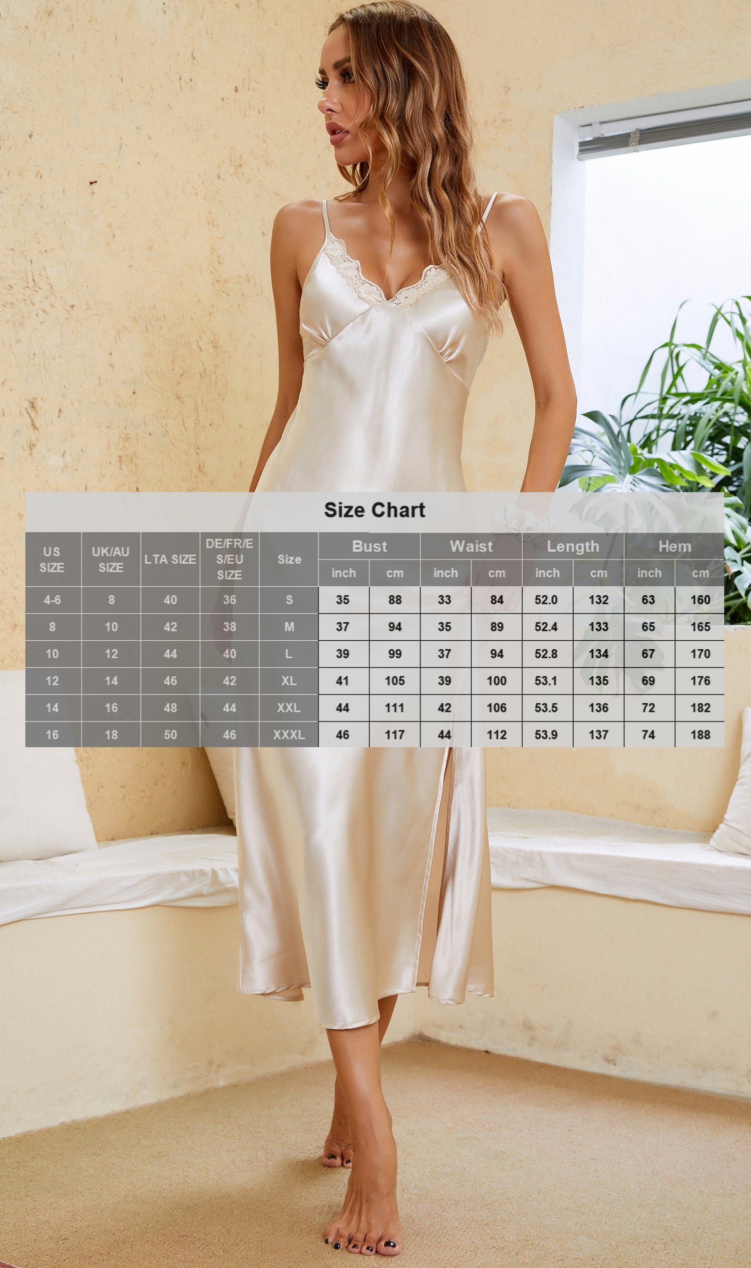 ALCEA ROSEA Women Silk Satin Nightgown Sexy Lace Chemise Lingerie Long Sleepdress for Ladies Sleepwear Slip Negligee Champagne