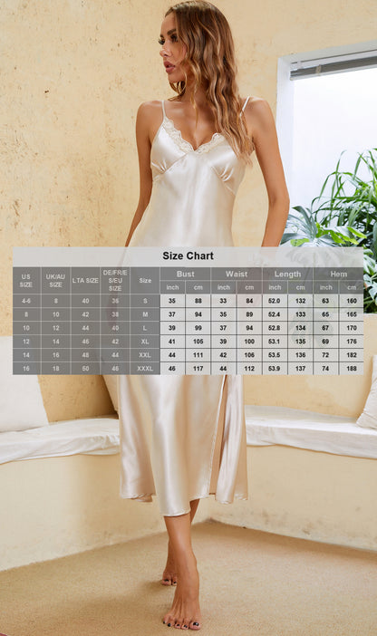 ALCEA ROSEA Women Silk Satin Nightgown Sexy Lace Chemise Lingerie Long Sleepdress for Ladies Sleepwear Slip Negligee Champagne