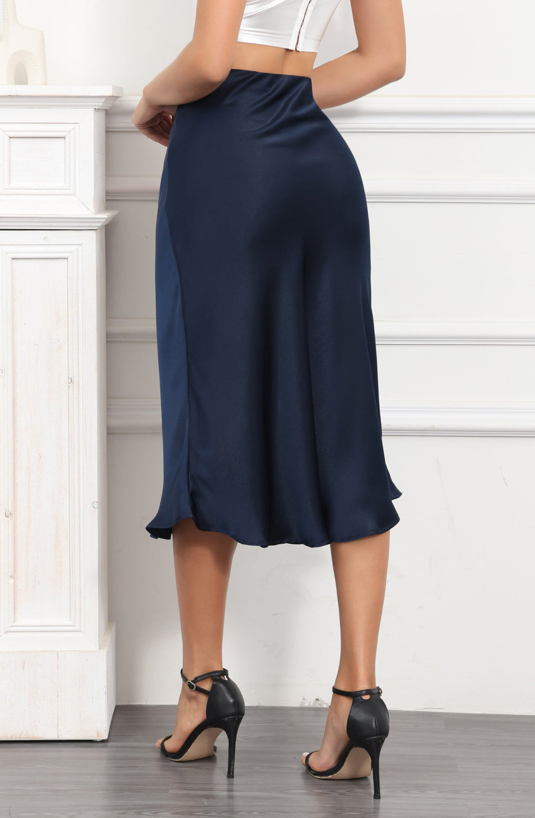 ALCEA ROSEA Womens Midi Satin Silky Skirt Elastic High Waisted A-line Elegant Wedding Skirts Navy AR7302