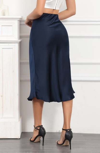ALCEA ROSEA Womens Midi Satin Silky Skirt Elastic High Waisted A-line Elegant Wedding Skirts Navy AR7302