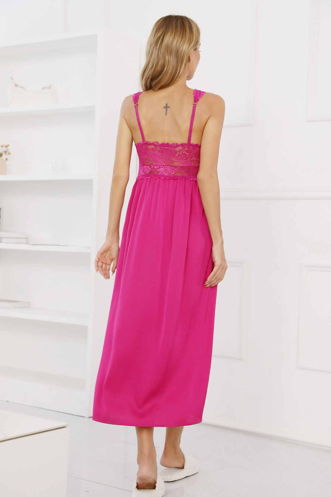 ALCEA ROSEA Womens Silky Nightgown Sexy Lace Lingerie Long V Neck Chemise Sleeveless for Elegant Women Rose