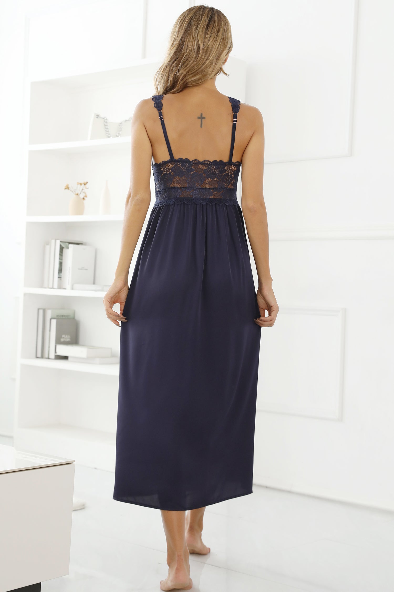 ALCEA ROSEA Womens Silky Nightgown Sexy Lace Lingerie Long V Neck Chemise Sleeveless for Elegant Women Navy