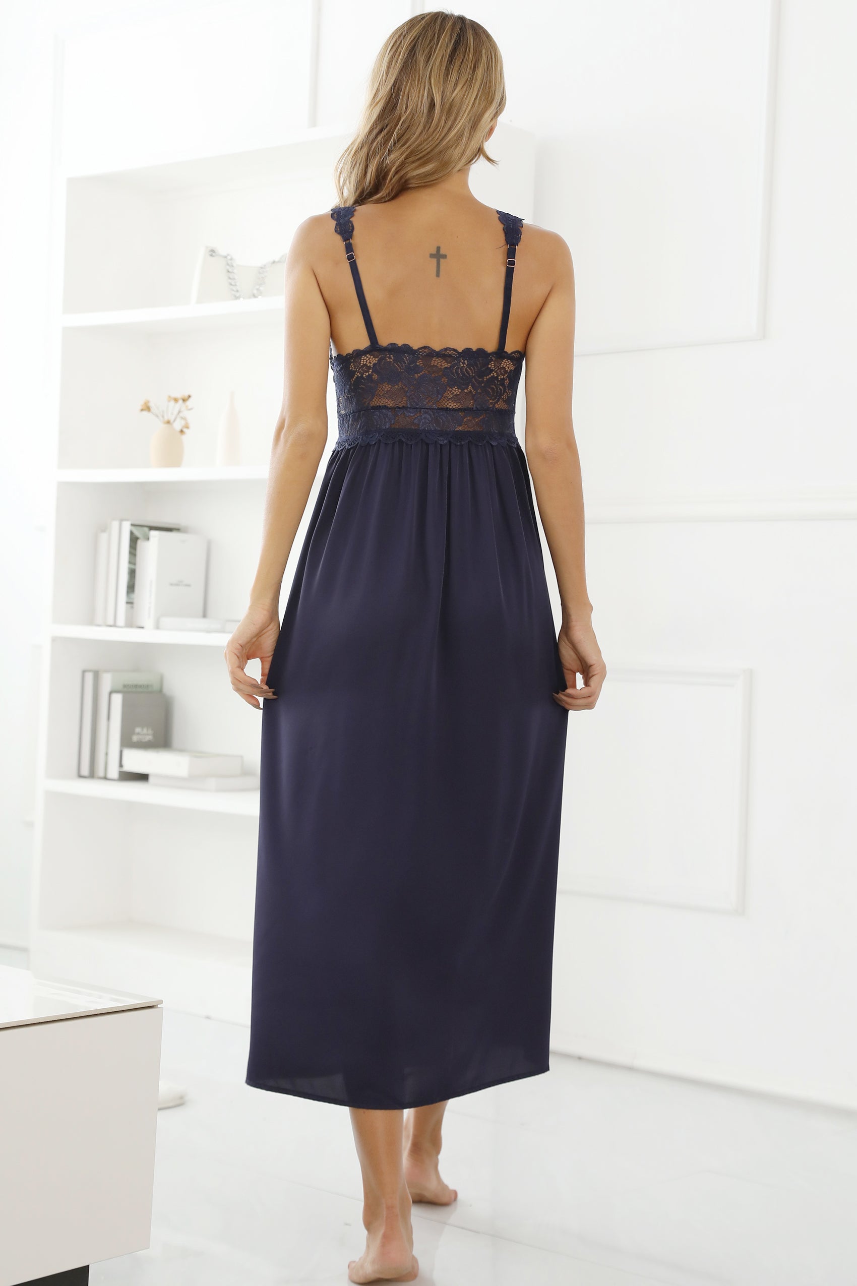 ALCEA ROSEA Womens Silky Nightgown Sexy Lace Lingerie Long V Neck Chemise Sleeveless for Elegant Women Navy