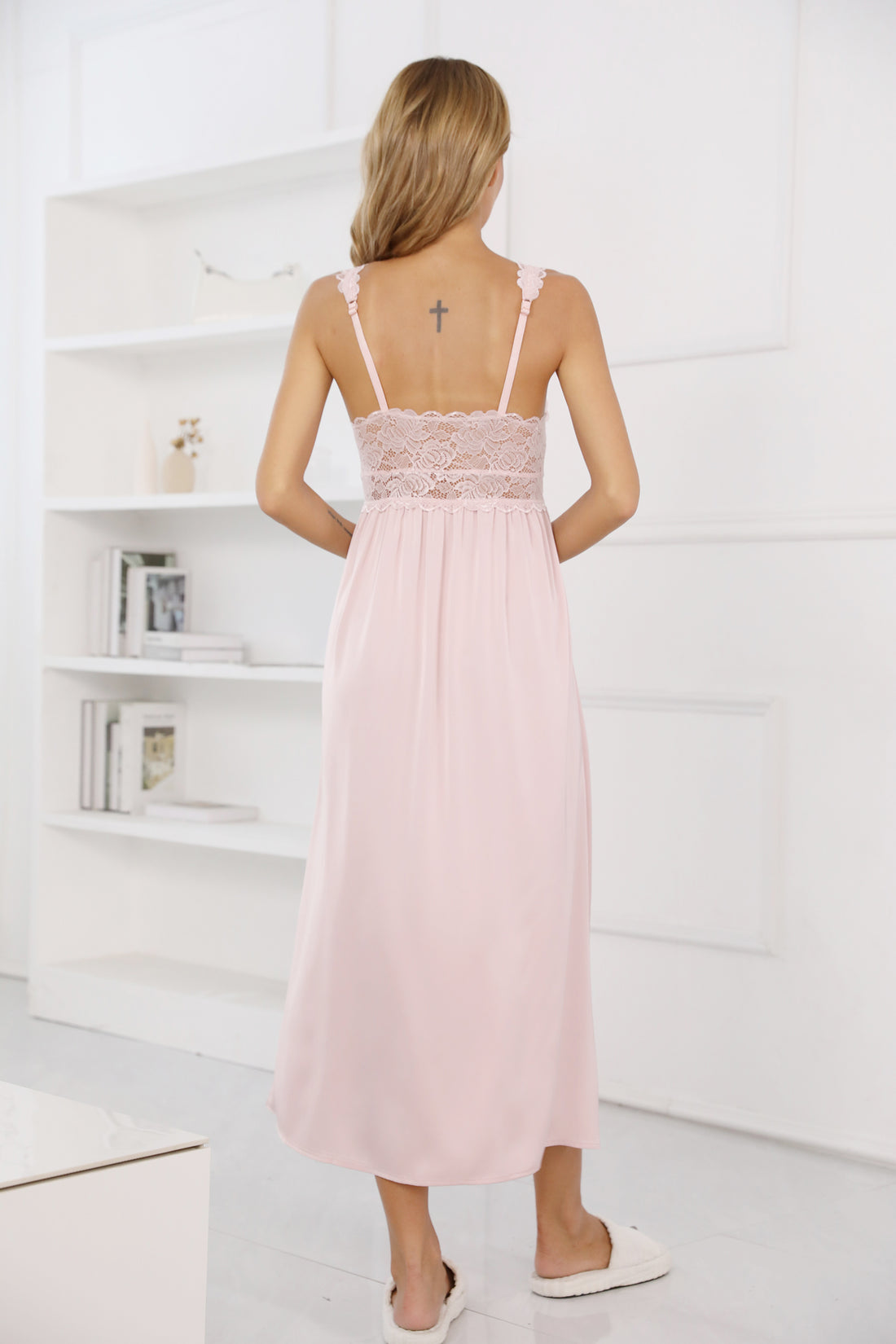 ALCEA ROSEA Womens Silky Nightgown Sexy Lace Lingerie Long V Neck Chemise Sleeveless for Elegant Women Pink