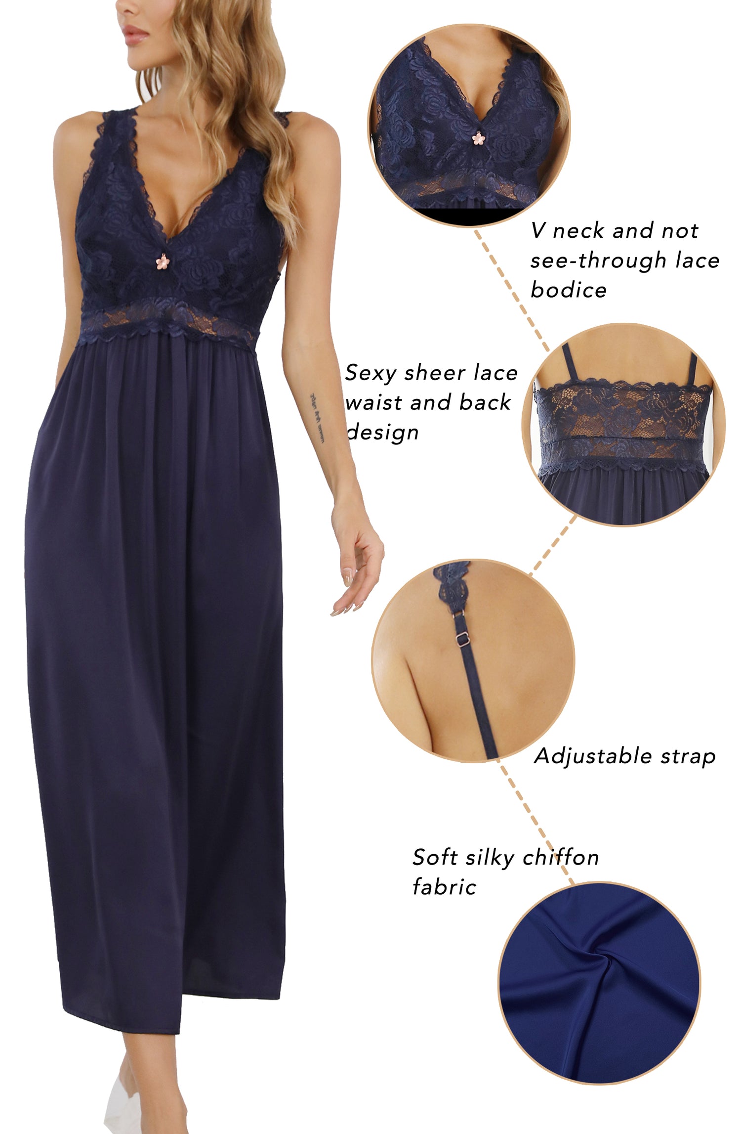 ALCEA ROSEA Womens Silky Nightgown Sexy Lace Lingerie Long V Neck Chemise Sleeveless for Elegant Women Navy