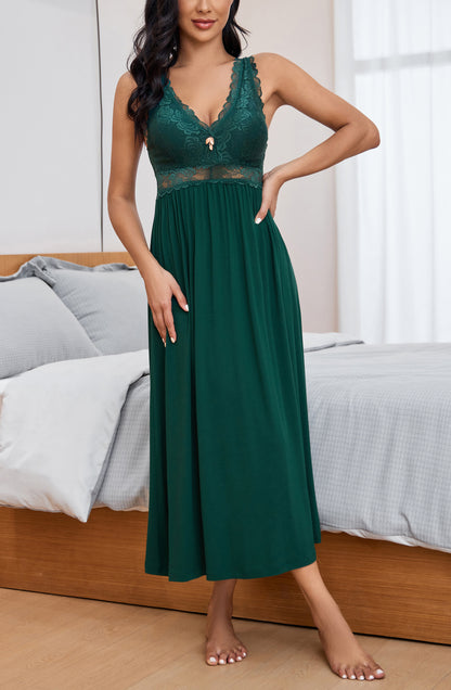 Sexy Lace Jersey Elegant Long Nightgown Chemises Blackish Green