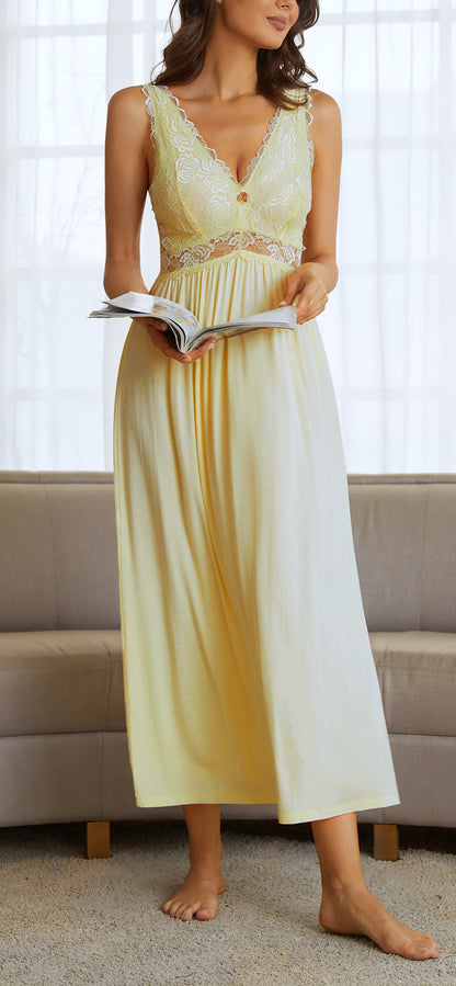 Sexy Lace Jersey Elegant Long Nightgown Chemises Light Yellow