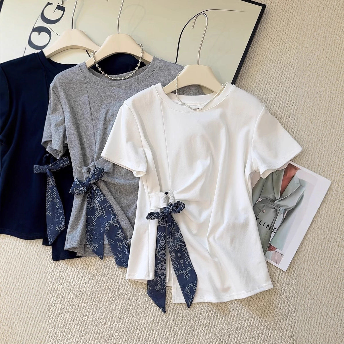 Mist Azur Tops and A Belt or Scarf Short Sleeve T-Shirt Top