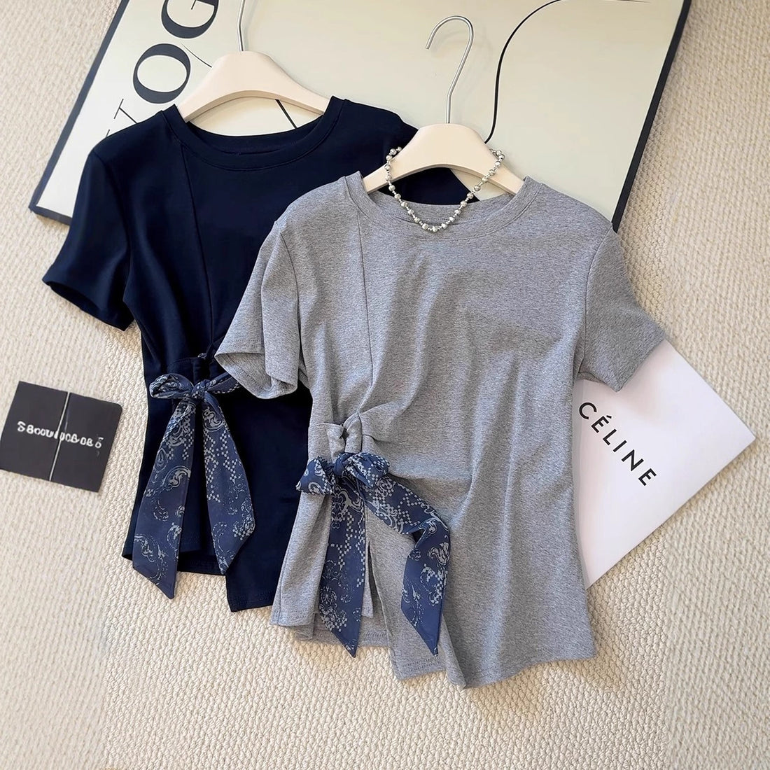 Mist Azur Tops and A Belt or Scarf Short Sleeve T-Shirt Top