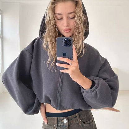 Mist Azur Hoodies Casual Ladies Hoodie Sleeve Short Jacket Zip Cardigan Sweater