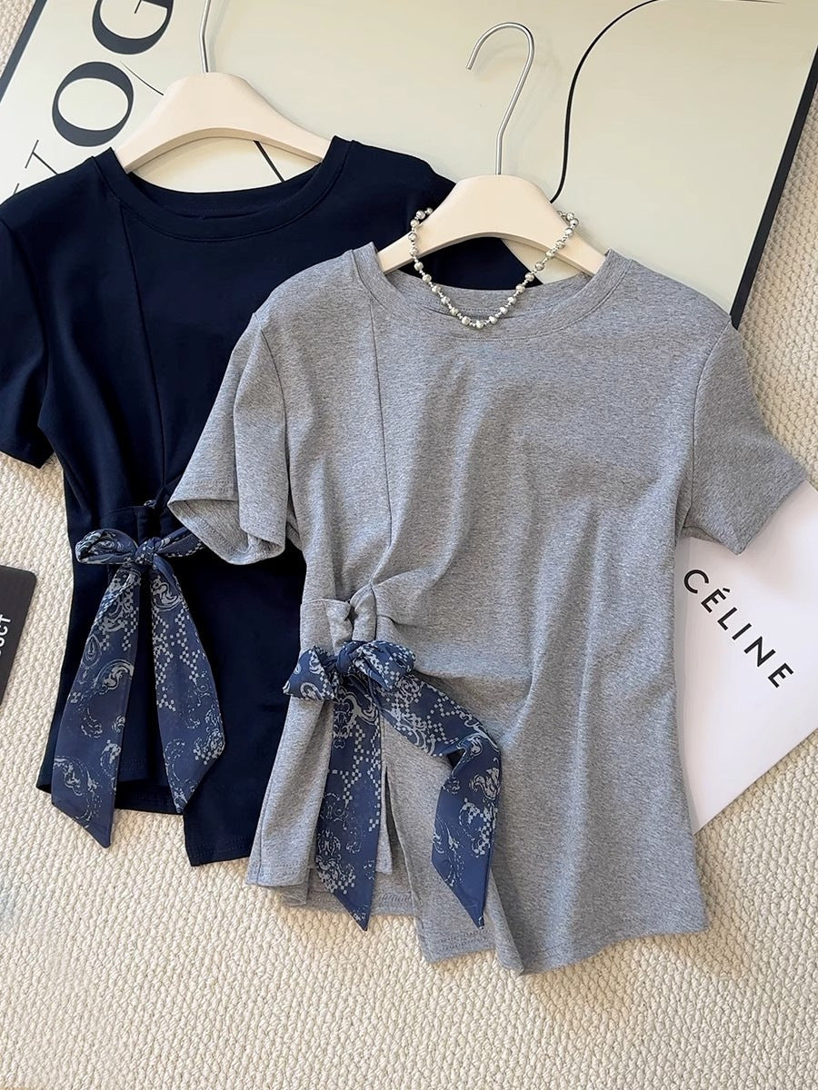 Mist Azur Tops and A Belt or Scarf Short Sleeve T-Shirt Top