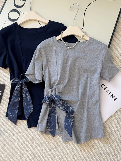 Mist Azur Tops and A Belt or Scarf Short Sleeve T-Shirt Top