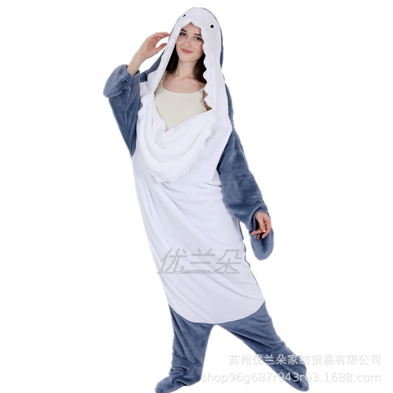 Mist Azur overall sleepwear Hooded Cute Shark Sleeping Flannel Couple Shark One-piece Pajamas