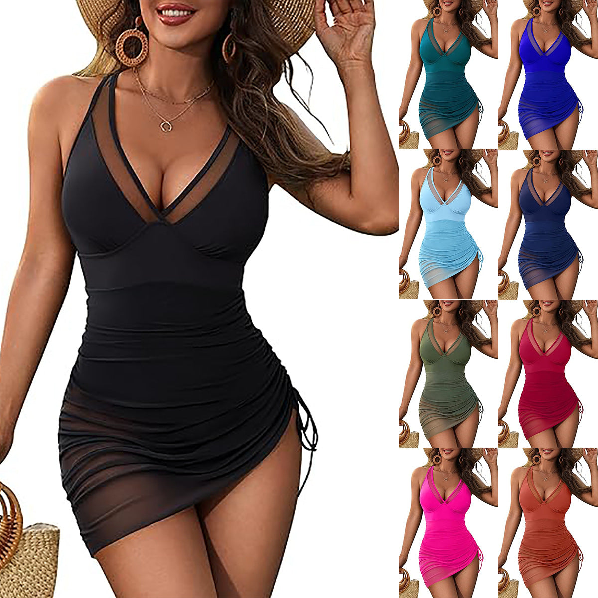 Mist Azur Swim Suits Women Slimming Mesh Sheer Sarong Wraps One Piece Swim Dress