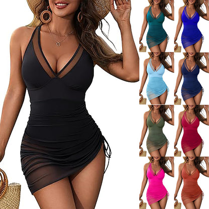 Mist Azur Swim Suits Women Slimming Mesh Sheer Sarong Wraps One Piece Swim Dress