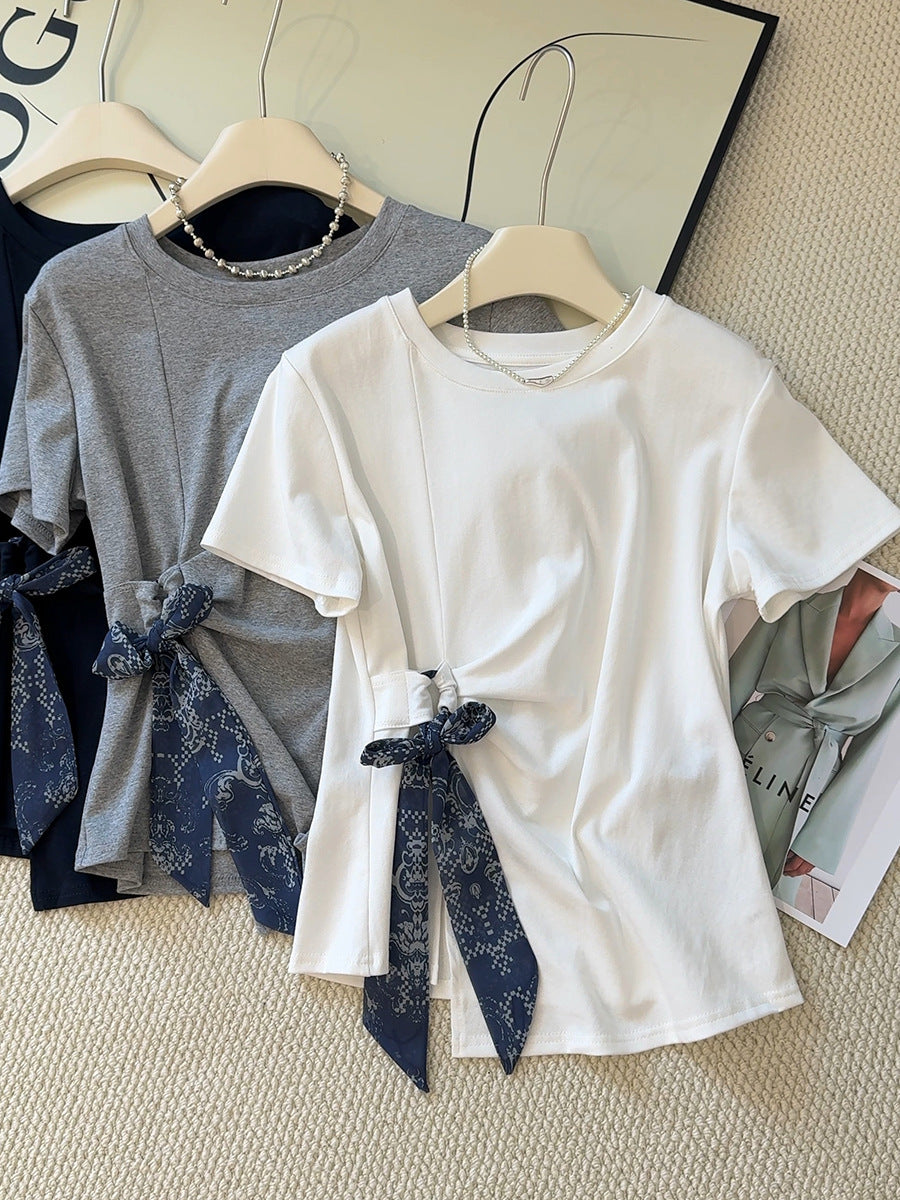 Mist Azur Tops and A Belt or Scarf Short Sleeve T-Shirt Top