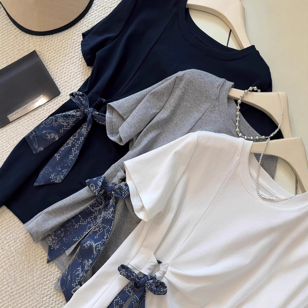 Mist Azur Tops and A Belt or Scarf Short Sleeve T-Shirt Top
