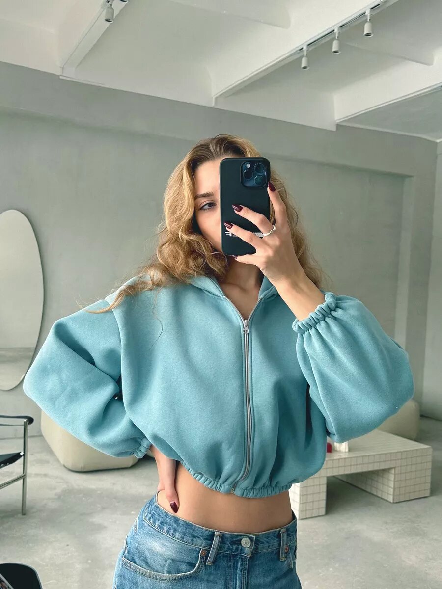 Mist Azur Hoodies Casual Ladies Hoodie Sleeve Short Jacket Zip Cardigan Sweater