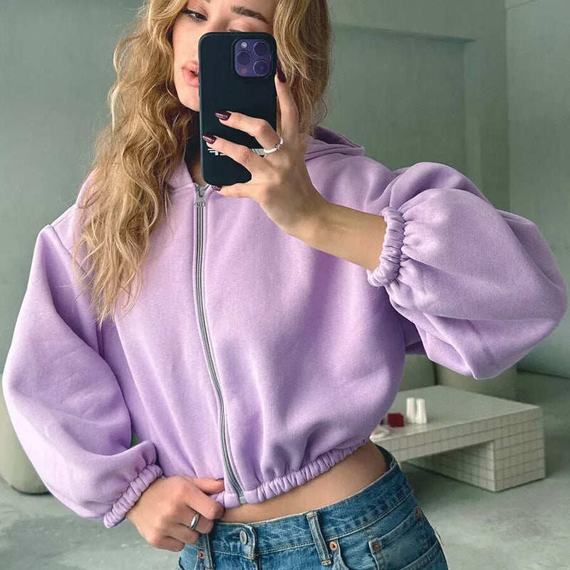 Mist Azur Hoodies Casual Ladies Hoodie Sleeve Short Jacket Zip Cardigan Sweater