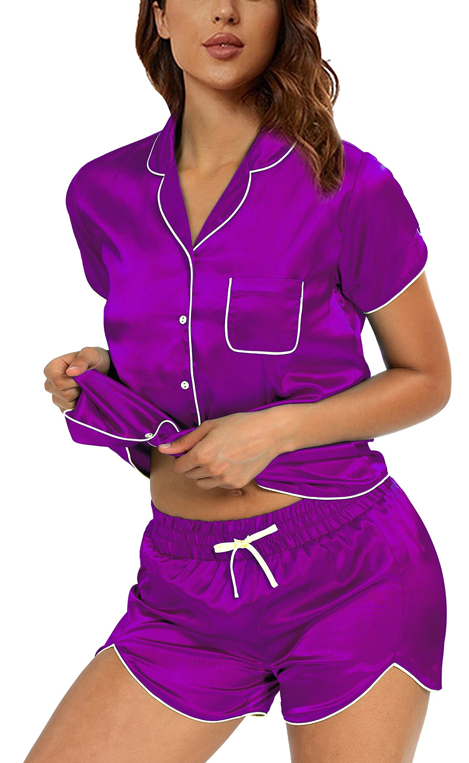 Mist Azur pajamas  Womens Short Silky Satin Pajamas Set Button-Down Summer Pjs Set