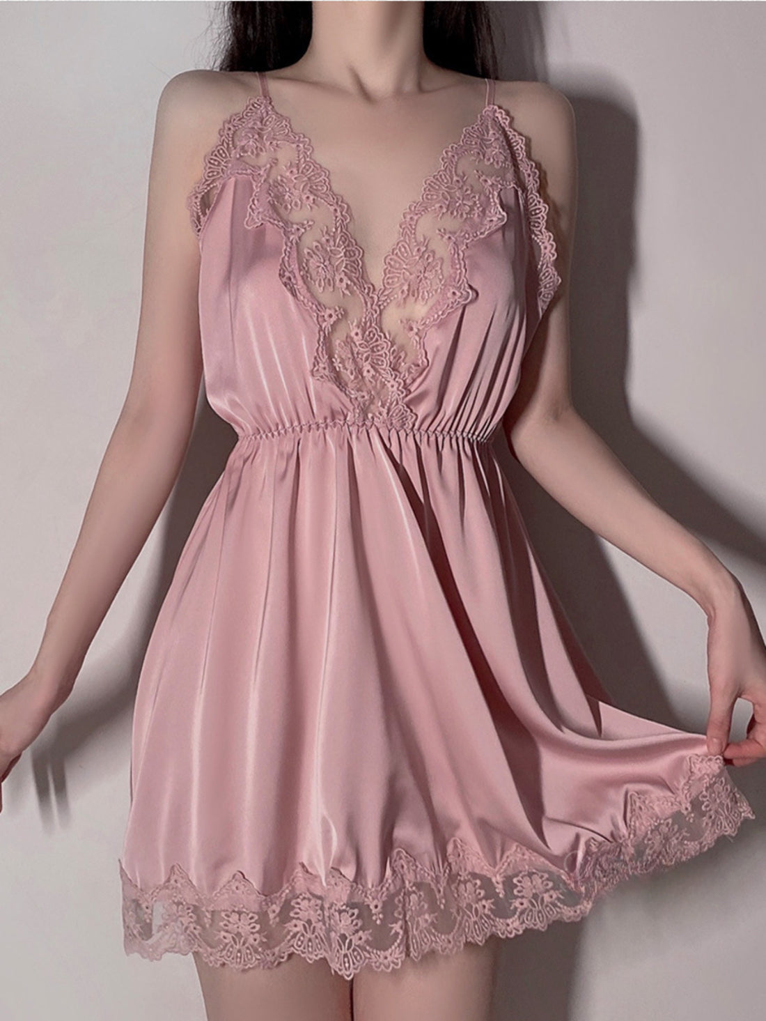 Satin Lace Sexy Deep V Camisole Nightwear Lace-up Lingerie Solid Color Robe Home Wear Set