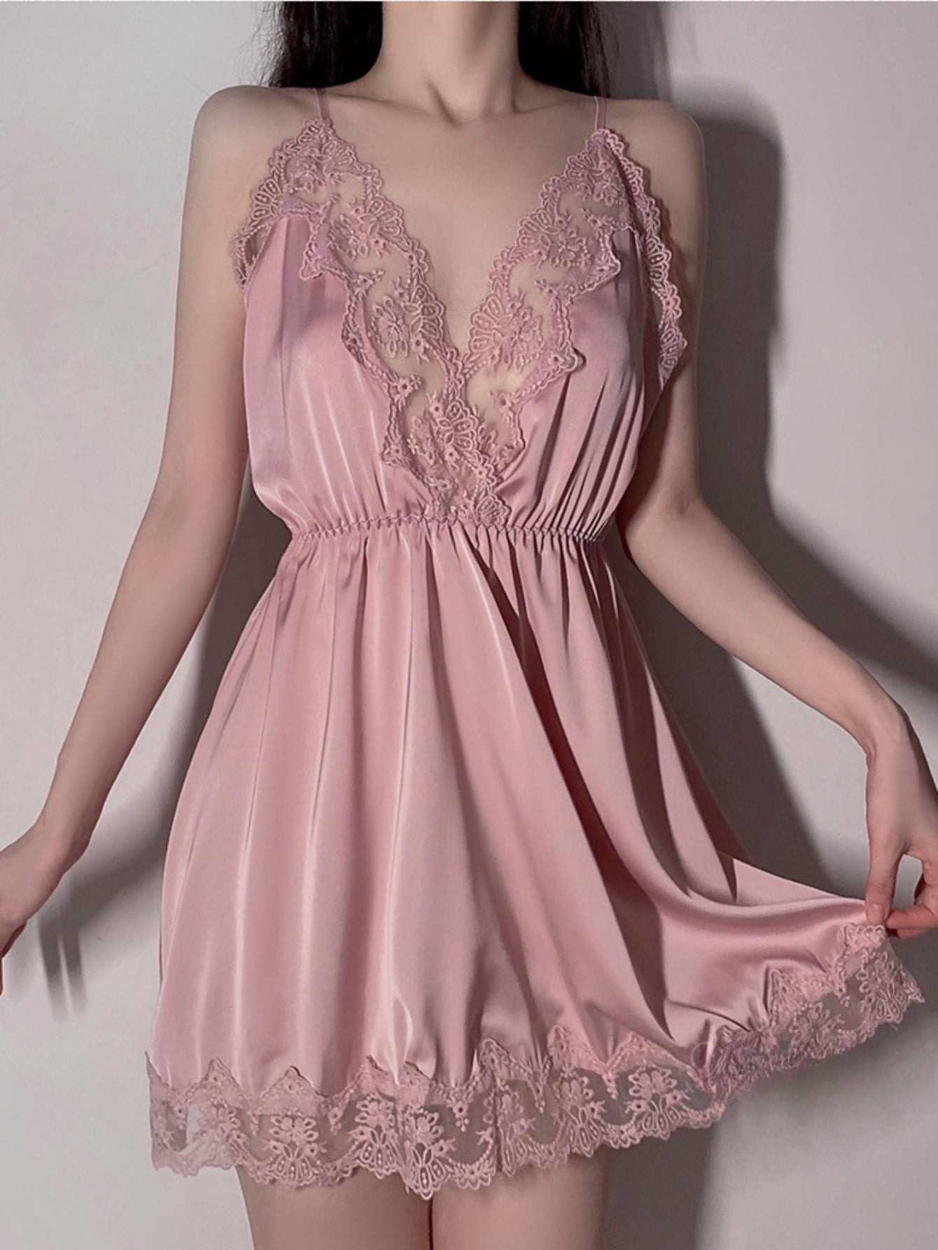 Satin Lace Sexy Deep V Camisole Nightwear Lace-up Lingerie Solid Color Robe Home Wear Set
