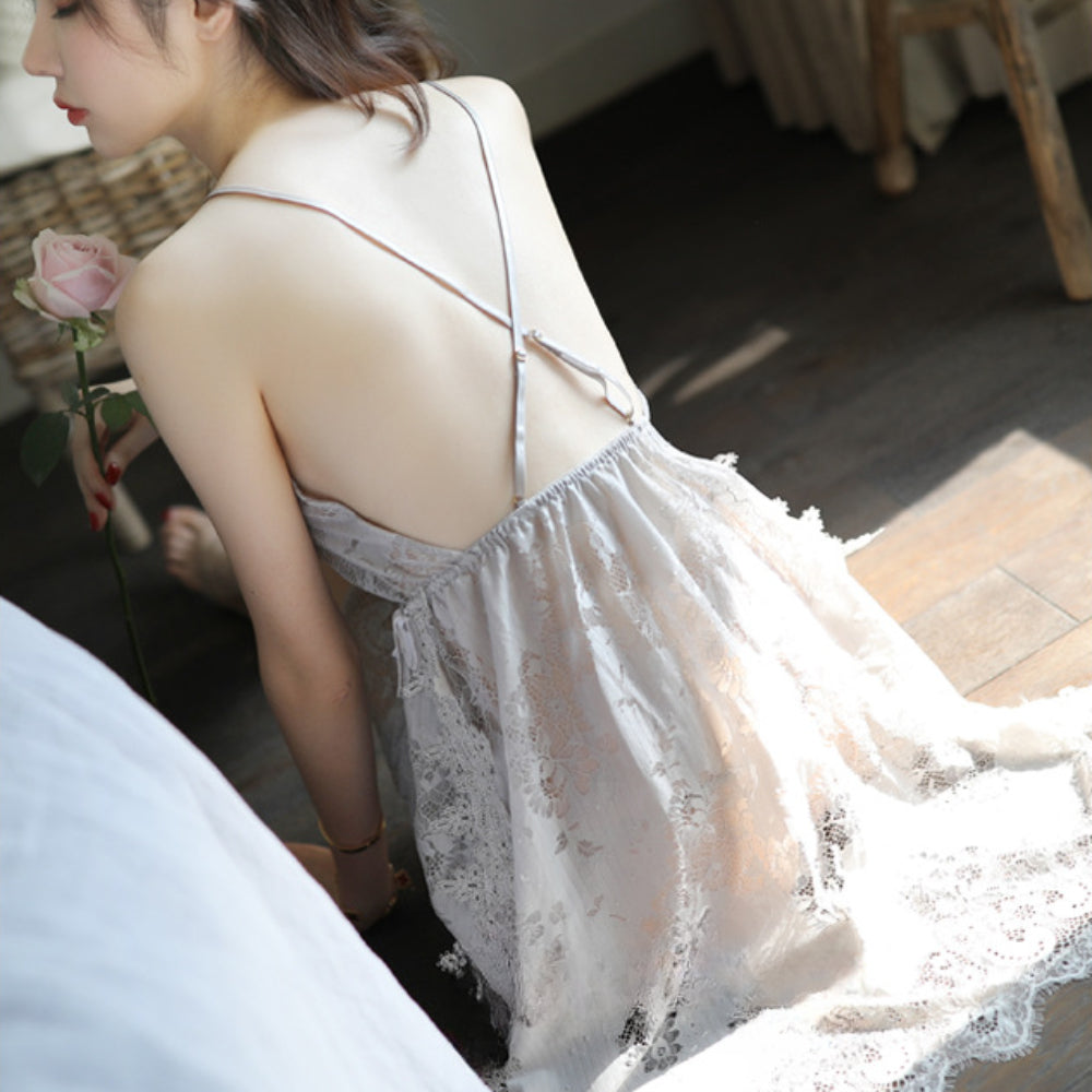 Women Lingerie Lace Babydoll Strap Chemise Halter Teddy V Neck Mesh Nightgown