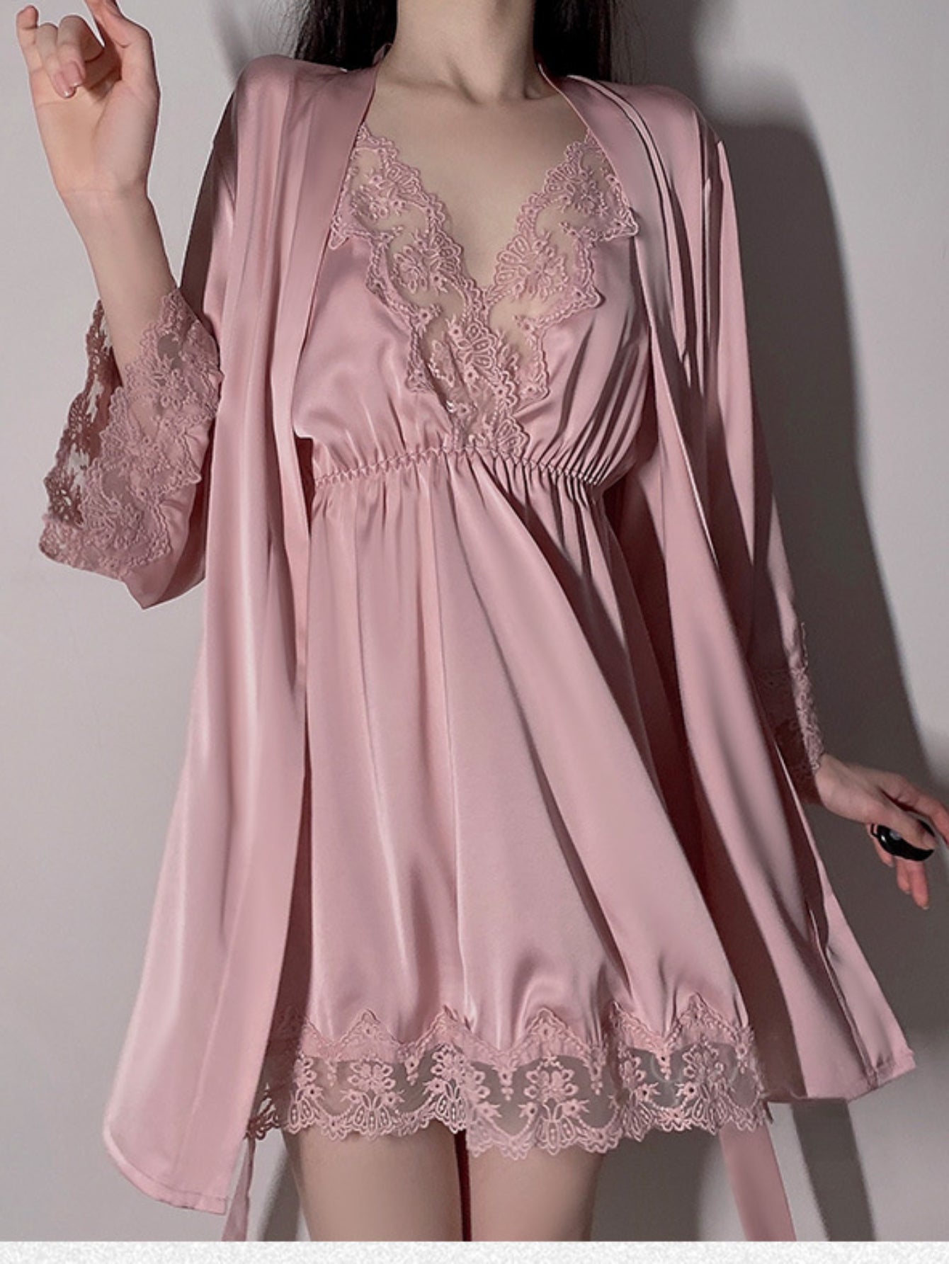 Satin Lace Sexy Deep V Camisole Nightwear Lace-up Lingerie Solid Color Robe Home Wear Set