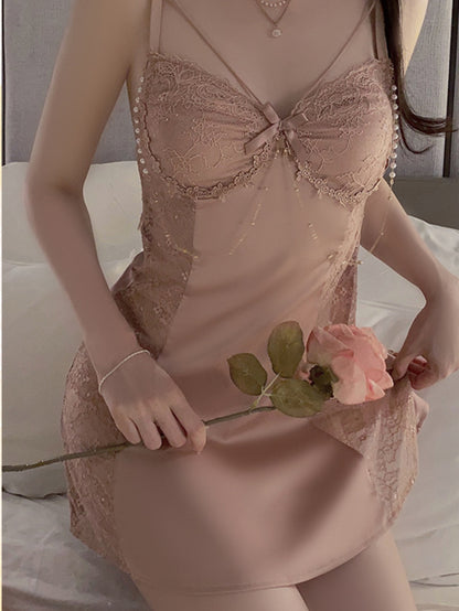 Women Ladies Silk Sexy Lace Lingerie Sleepwear Nightdress Satin  V-Neck Robes Babydoll Nightwear
