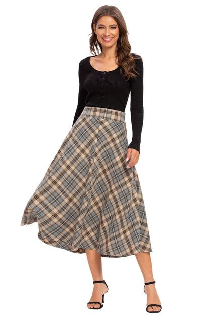 Womens High Waist Plaid Midi Skirt Brown Plaid